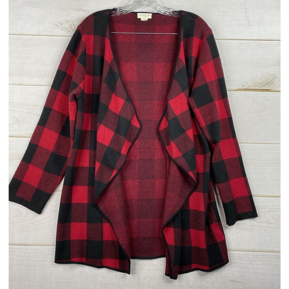 Chic Soul Cardigan Sweater Womens 1X Red Buffalo Plaid Open Front Draped Duster